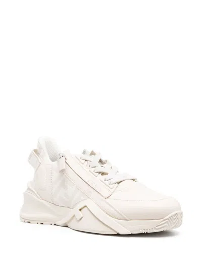 Fendi Ivory Leather And Fabric Flow Sneakers