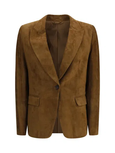 Brunello Cucinelli Beige Single-breasted Blazer Jacket With Pointed Lapels In Suede Woman