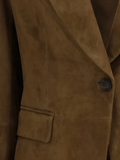 Brunello Cucinelli Beige Single-breasted Blazer Jacket With Pointed Lapels In Suede Woman