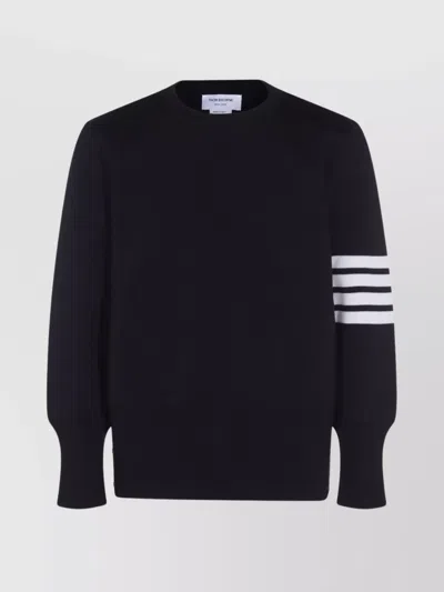 Thom Browne Blue Crewneck Swwater With 4-bar On The Sleeve And Ribbed Trims In Wool Man