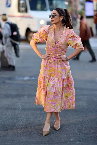 Jessie Zhao New York Astrid Marble Smocked Midi Dress In Pink