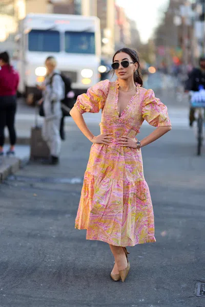 Jessie Zhao New York Astrid Marble Smocked Midi Dress In Pink