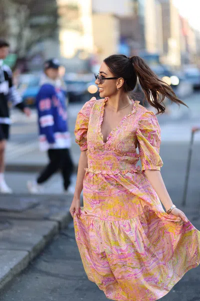 Jessie Zhao New York Astrid Marble Smocked Midi Dress In Pink