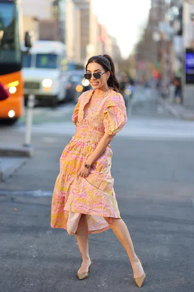 Jessie Zhao New York Astrid Marble Smocked Midi Dress In Pink