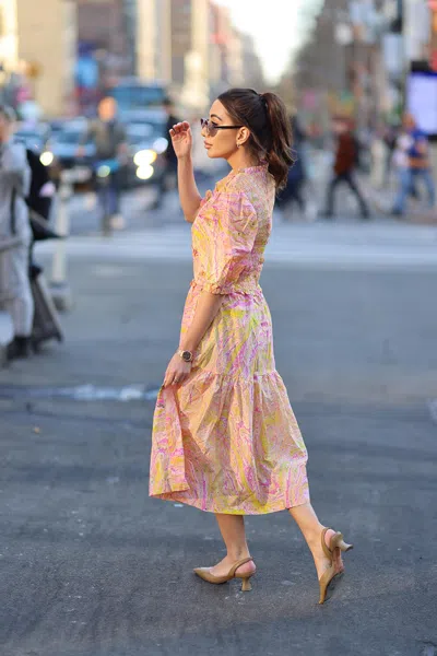 Jessie Zhao New York Astrid Marble Smocked Midi Dress In Pink
