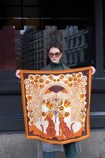 Jessie Zhao New York Double Sided Silk Scarf Of Leopards With Floral Fountain