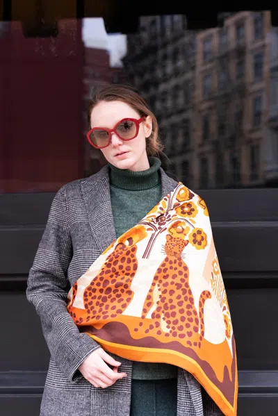 Jessie Zhao New York Double Sided Silk Scarf Of Leopards With Floral Fountain