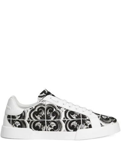 Dolce & Gabbana Portofino Canvas Sneakers Featuring Maiolica Design In Multi