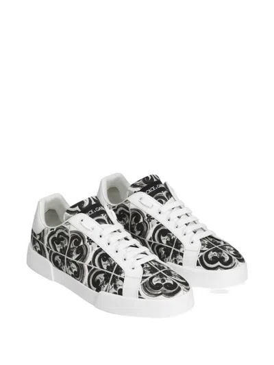 Dolce & Gabbana Portofino Canvas Sneakers Featuring Maiolica Design In Multi