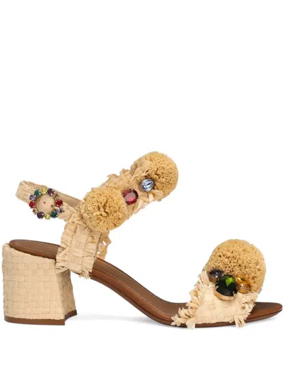 Dolce & Gabbana Raffia Pom Pom Gem Block-heel Sandals In Brown