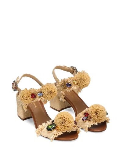 Dolce & Gabbana Raffia Pom Pom Gem Block-heel Sandals In Brown