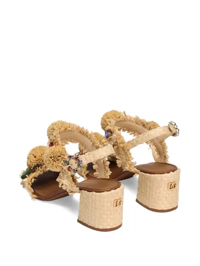 Dolce & Gabbana Raffia Pom Pom Gem Block-heel Sandals In Brown