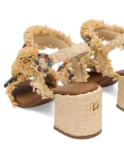 Dolce & Gabbana Raffia Pom Pom Gem Block-heel Sandals In Brown
