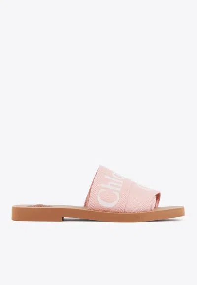 Chloé Woody Logo Embroidered Flat Slides In Light Rosewood