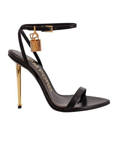 Tom Ford Black Shiny Padlock Pointy Naked Heeled Sandals In Black