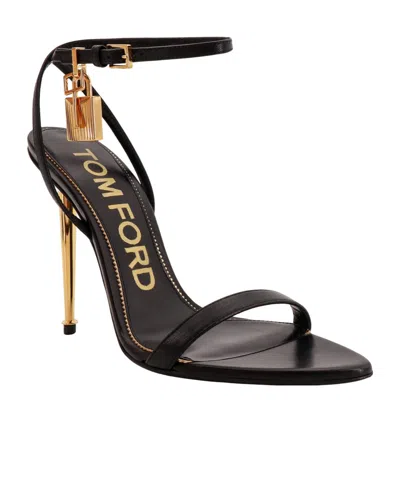 Tom Ford Black Shiny Padlock Pointy Naked Heeled Sandals In Black
