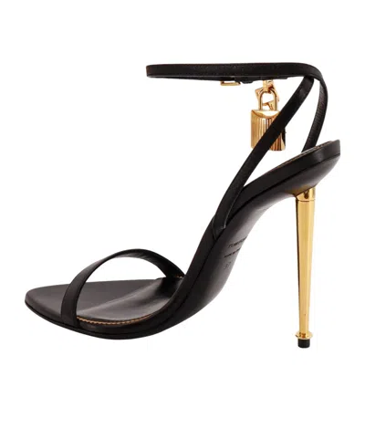 Tom Ford Black Shiny Padlock Pointy Naked Heeled Sandals In Black