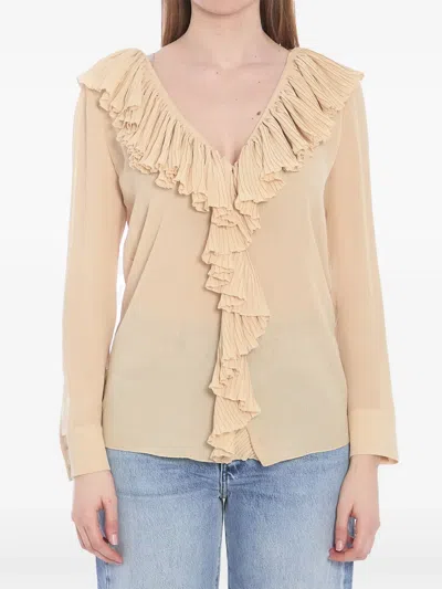Saint Laurent Beige Ruffled Blouse In Silk In Gold