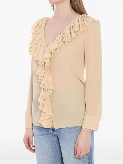 Saint Laurent Beige Ruffled Blouse In Silk In Gold