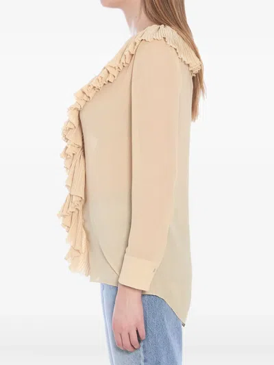 Saint Laurent Beige Ruffled Blouse In Silk In Gold