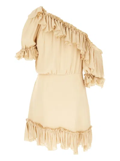 Saint Laurent Women Ruffled Silk Crepe Muslin Dress In Neutral