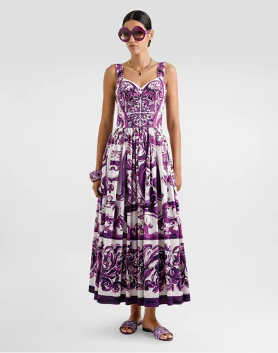 Dolce & Gabbana Long Poplin Dress With Majolica Print Dolce E Gabbana In Purple