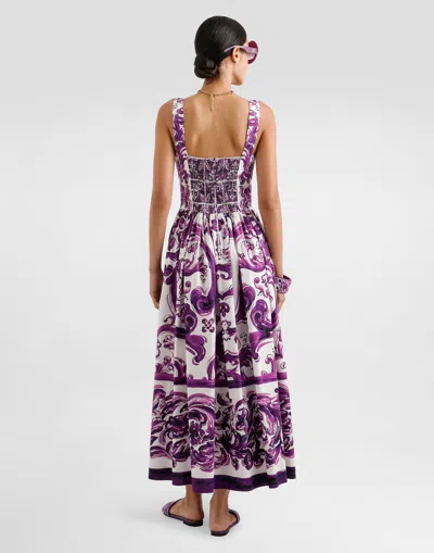 Dolce & Gabbana Long Poplin Dress With Majolica Print Dolce E Gabbana In Purple