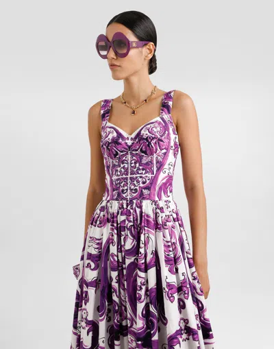 Dolce & Gabbana Long Poplin Dress With Majolica Print Dolce E Gabbana In Purple