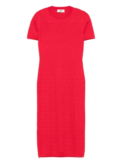 Fendi Women Red Short Sleeve Dress With All-over Ff Motif In Cotton Blend Woman In Multi