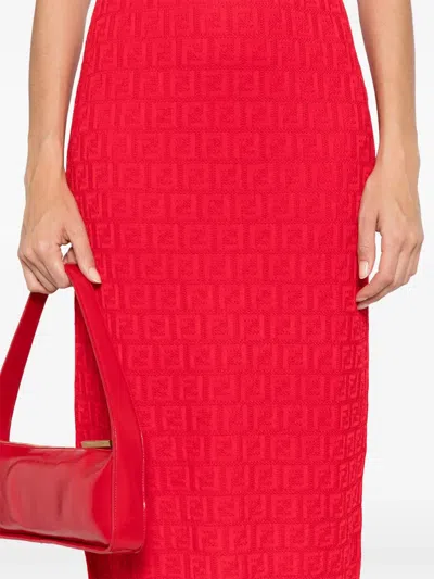Fendi Women Red Short Sleeve Dress With All-over Ff Motif In Cotton Blend Woman In Multi