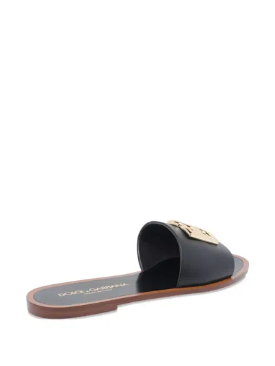 Dolce & Gabbana Black Calf Leather Bianca Slides In Black
