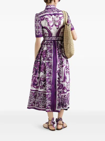 Dolce & Gabbana Dolce&gabbana Poplin Shirt Dress With Maiolica Print In Purple