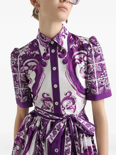 Dolce & Gabbana Dolce&gabbana Poplin Shirt Dress With Maiolica Print In Purple