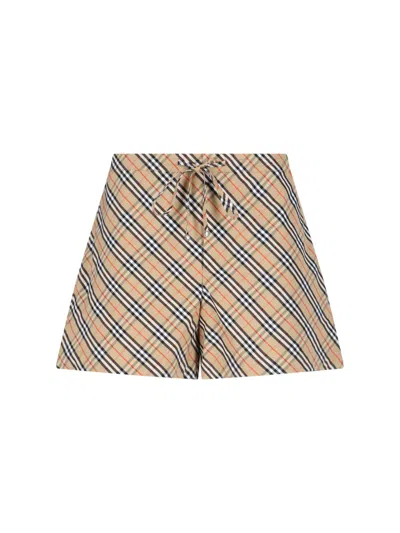 Burberry Women Beige Shorts With Elastic Drawstring Waist And All-over Check Motif In Cotton Woman