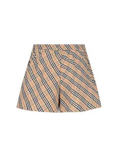 Burberry Women Beige Shorts With Elastic Drawstring Waist And All-over Check Motif In Cotton Woman