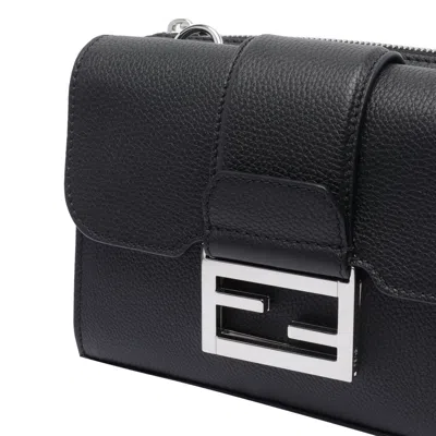 Fendi Double Baguette Grained Leather Messenger Bag In Black