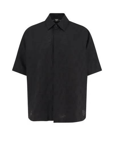 Fendi Men Black Oversize Shirt With Short Wide Sleeves And All-over Ff Embroidery In Linen Blend Man