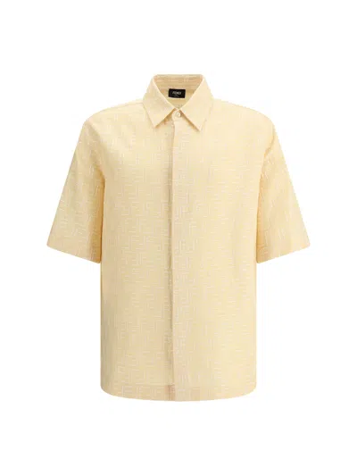 Fendi Men Yellow Shirt With Wide Short Sleeves And All-over Ff Motif In Linen Blend Man In Pink