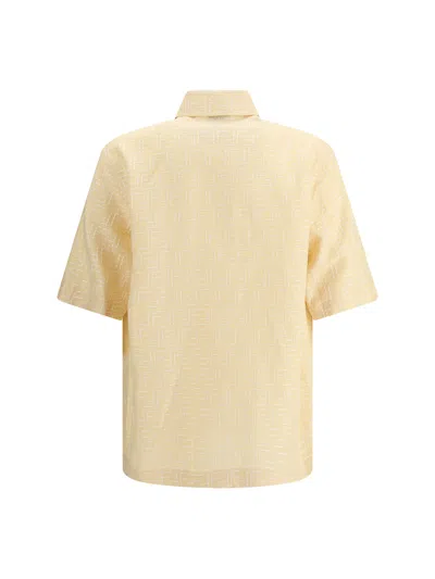 Fendi Men Yellow Shirt With Wide Short Sleeves And All-over Ff Motif In Linen Blend Man In Pink