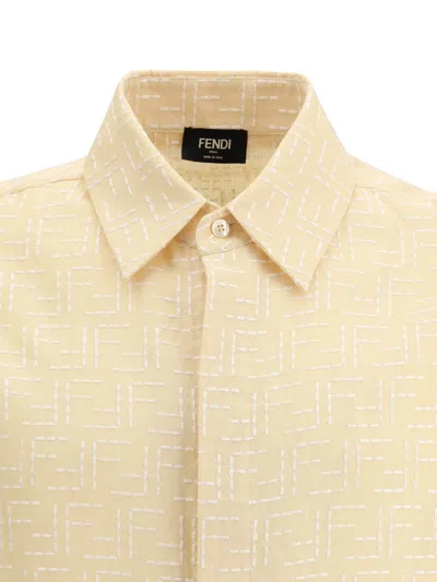 Fendi Men Yellow Shirt With Wide Short Sleeves And All-over Ff Motif In Linen Blend Man In Pink