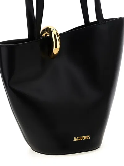 Jacquemus Le Bambola Moyen Black Shoulder Bag With Front Metal Ring Closure And Embossed Logo Letter In Black