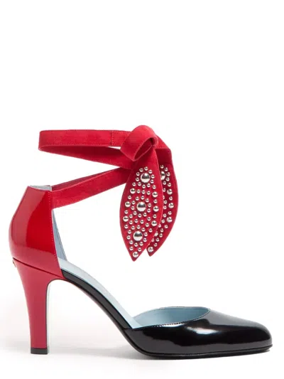 Valentino Black And Red Foliefoliage Décolleté In Black