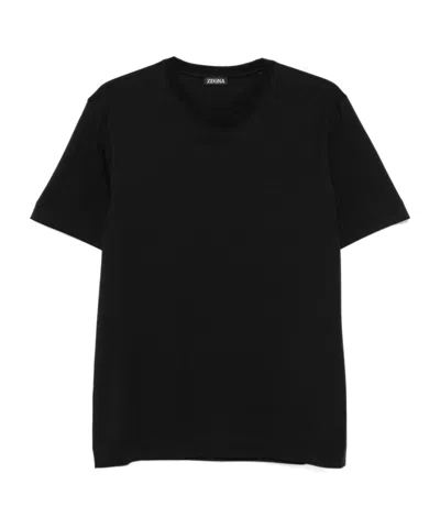 Zegna Navy Blue Piquet Cotton T-shirt In Black