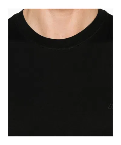 Zegna Navy Blue Piquet Cotton T-shirt In Black