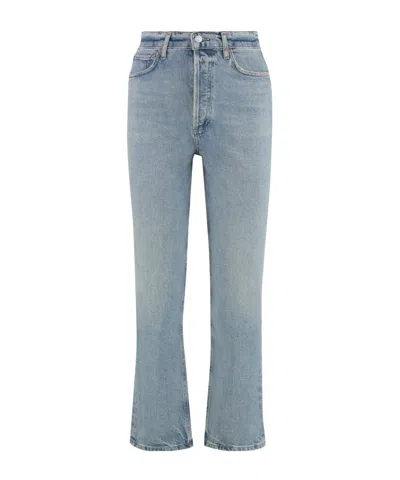 Agolde Wide-leg Faded Wash Denim Trousers With Five Pockets In Blue
