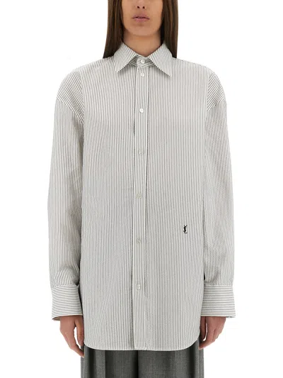 Saint Laurent Grey Shirt With Cassandre Embroidery And All-over Striped Motif In Cotton Woman In White