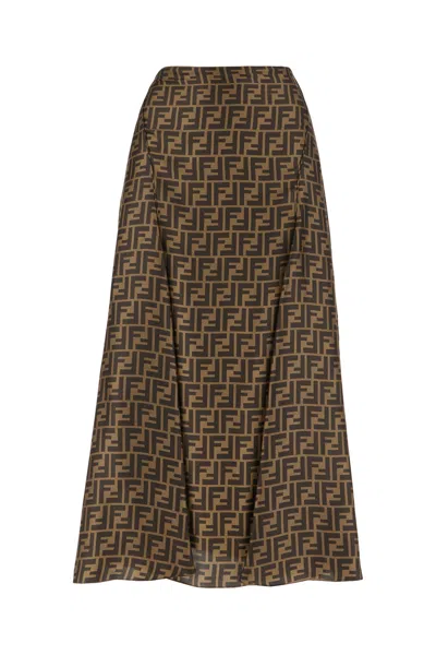 Fendi Women Embroidered Silk Skirt In Brown