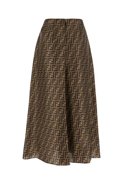 Fendi Women Embroidered Silk Skirt In Brown