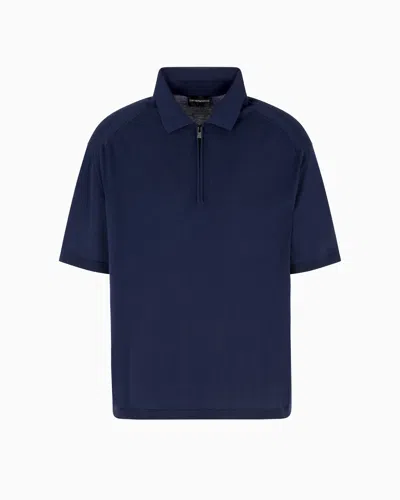 Emporio Armani Asv Plain-knit Jumper With Polo-shirt Collar, In A Wool And Lyocell Blend In Blue