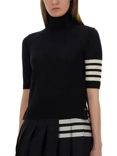 Thom Browne Black Short Sleeve Sweater With 4-bar Detail In Wool Woman